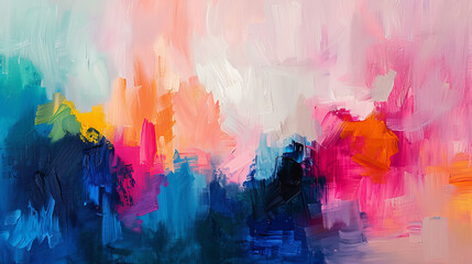 Colorful abstract painting with dynamic strokes of pink, blue, and orange on a canvas, ai generated