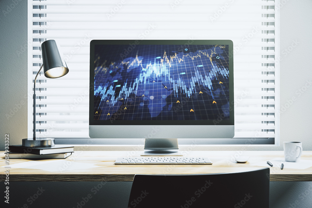 Poster abstract financial diagram with world map on modern laptop screen, banking and accounting concept. 3