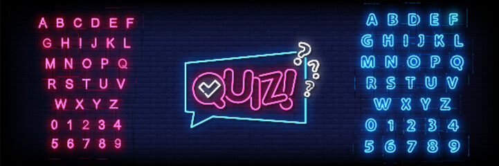 Neon Sign quiz on brick wall background with the alphabet - obrazy, fototapety, plakaty
