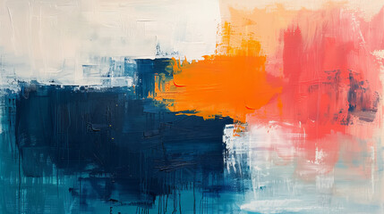 Minimalistic abstract painting with broad strokes of blue, orange, and red, ai generated