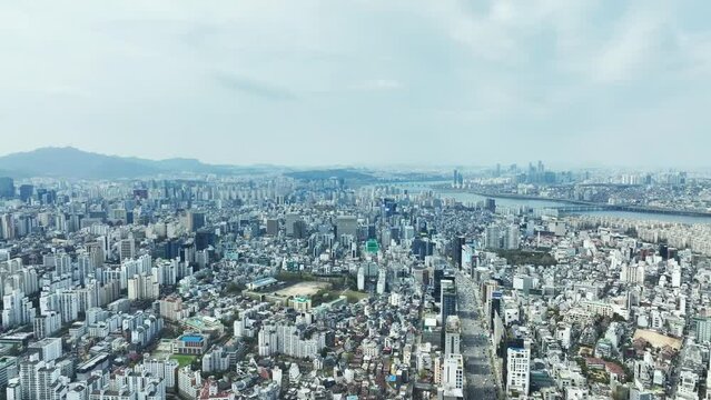 Drone View of Seoul city in South Korea, Gangnam, Spring, 60fps