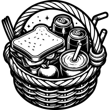 recommend clip art: Round picnic basket with drinks and food in monochrome. Sandwiches, fruit and soda in a wicker basket. Simple minimalistic vector in black ink drawing on transparent background
