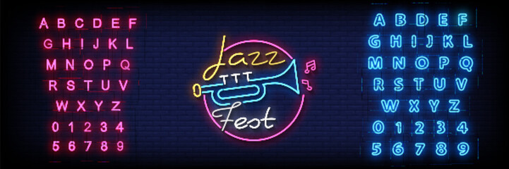 Neon Sign jazz festival on brick wall background with the alphabet