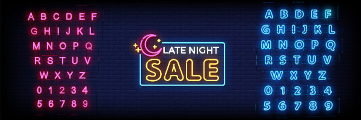 Neon Sign late night sale on brick wall background with the alphabet