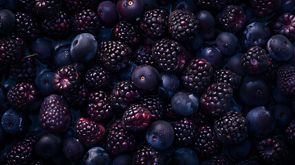 A mix of boysenberries, olallieberries, and dewberries on a dark background. These seedless fruits are from the bramble plant family, making them delicious natural foods - obrazy, fototapety, plakaty