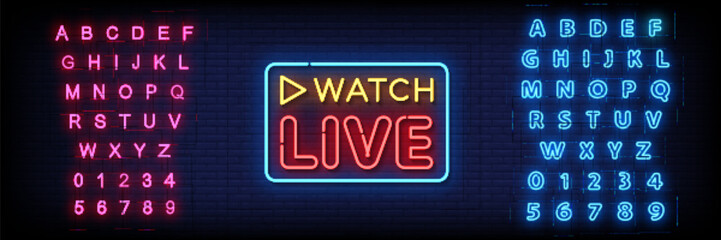 Neon Sign watch live on brick wall background with the alphabet