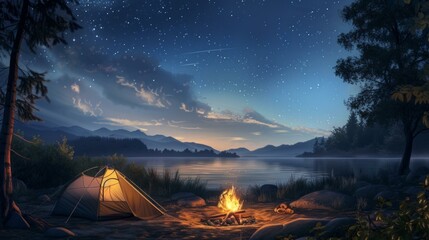 A serene campsite scene at night, featuring a tent under a star-filled sky. A warm campfire flickers, casting a cozy glow over the surroundings, AI Generative - obrazy, fototapety, plakaty