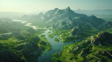 Aerial majesty of mountains, river carving through center, verdant valleys, AI Generative - obrazy, fototapety, plakaty