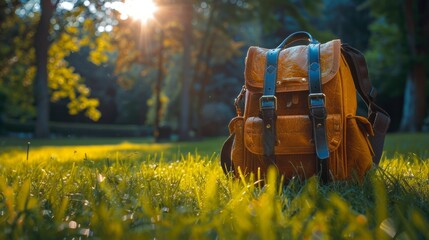 Education outdoors, a school bag stands on lush grass, blending learning with nature, sunny day, soft focus, AI Generative - obrazy, fototapety, plakaty