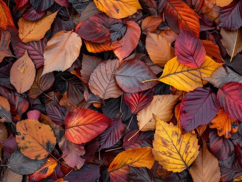 Detailed image of autumn leaves on the forest floor, offering a rich tapestry of colors and textures for a seasonal background, AI Generative