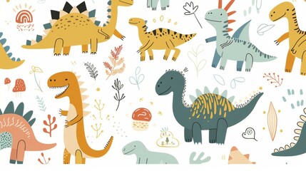 Seamless repeat pattern of cartoon dinosaurs, featuring a collection of cute and adorable dino doodles, AI Generative