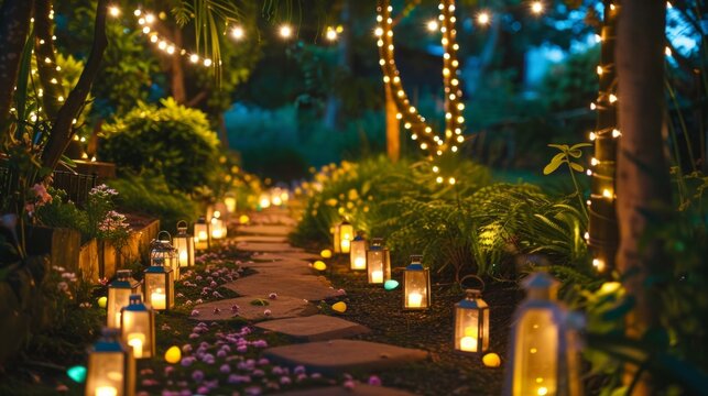Nighttime Easter egg hunt illuminated by lanterns and fairy lights in a garden, creating a magical and enchanting setting for families to explor, AI Generative