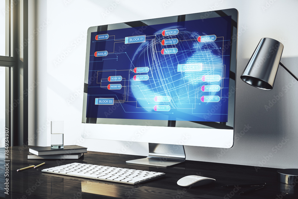 Aufkleber Abstract creative coding concept with world map on modern laptop screen. 3D Rendering