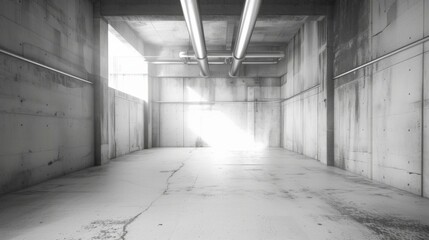 White empty concrete room, light coming from the left, super large factory feel, pipes running at the top, AI Generative
