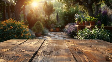 Obraz premium Wooden table in focus with a blurred garden party background, an inviting space for your display, AI Generative