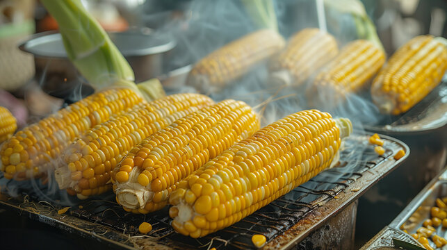 Sweet corn on the cob, a natural food ingredient, is being grilled to perfection. Enjoy this delicious and traditional dish in your cuisine