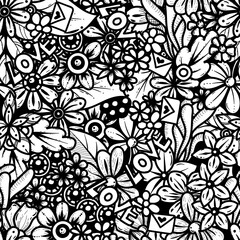 Seamless pattern with floral scribble motifs,
Hand drawn with scribble textures and floral elements,