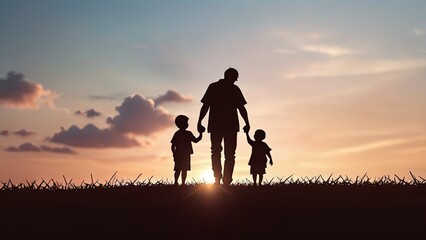 Father's Guiding Hand - Silhouette of Dad Walking with Kids at Sunset