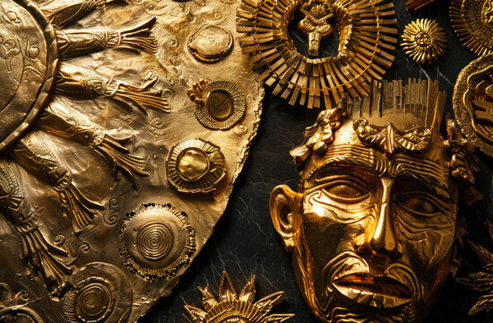 a studio shot of a closeup of A Bring history to life with a high-angle view showcasing famous gold artifacts such as the Mask of Agamemnon or the Aztec Sun Stone