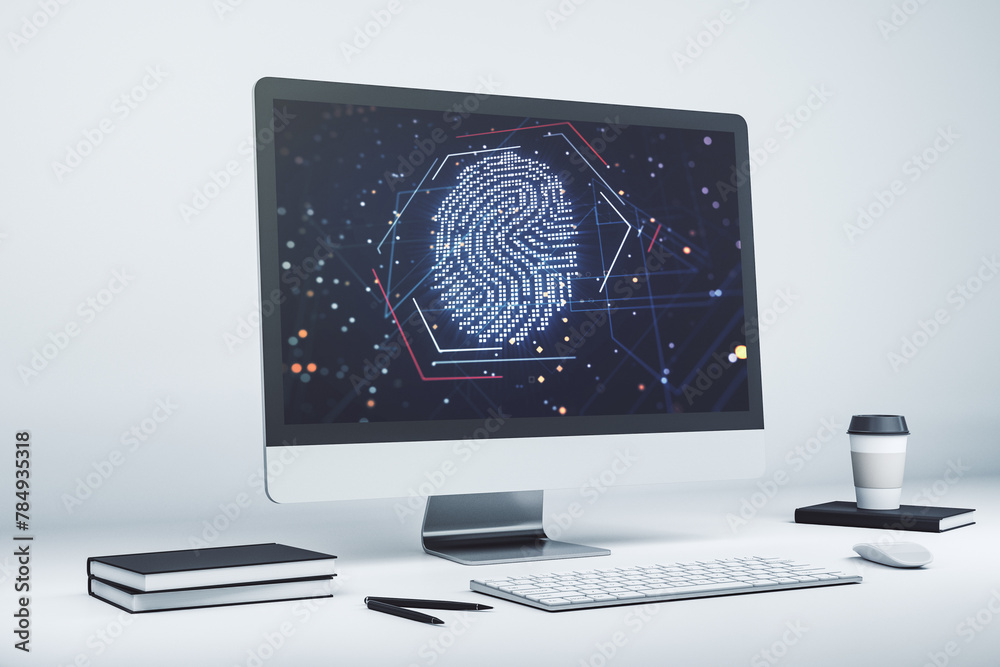 Poster abstract creative fingerprint illustration on modern laptop monitor, digital access concept. 3d rend