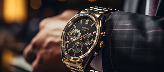 close up businessman in a black suit is glancing at his watch to see the time - obrazy, fototapety, plakaty