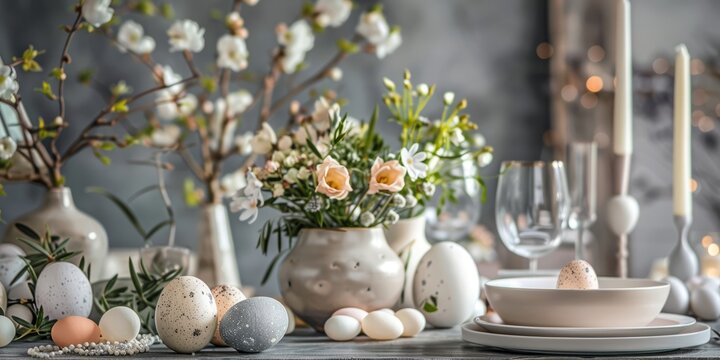 Easter holiday table with Easter eggs in a plate, spring flowers in a vase. The interior of the living room in the background.