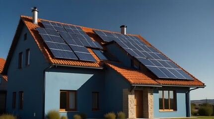 Fototapeta premium Image of house with solar panels against blue background.generative.ai 