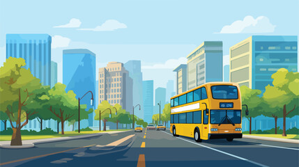Yellow bus near school building. Vector cartoon illustration