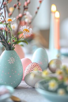 Easter holiday table with Easter eggs in a plate, spring flowers in a vase. The interior of the living room in the background.