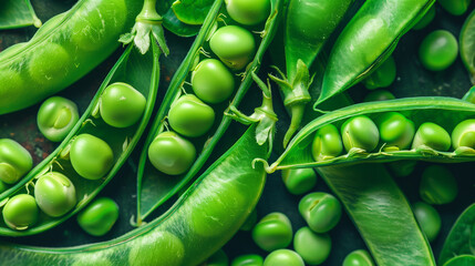 A group of natural foods, green peas in their pods, are a staple food from the legume family. These vegetables are a produce of terrestrial plants