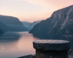 Closeup on minimalist patination, fjord backdrop, dawn lighting, peaceful simplicity , professional color grading - obrazy, fototapety, plakaty