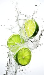 Lime with water splashing on white background