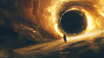 Foto op Plexiglas A surreal scene of a solitary figure standing on the event horizon of a black hole, with the distorted spacetime creating a mesmerizing visual effect Painting style with silhouette lighting © Sattawat