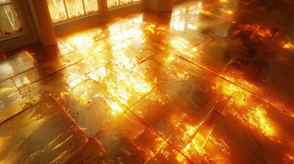 Golden Glowing Floor from Sunset Light Reflection through Window