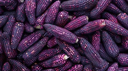 A backdrop of an array of erratically strewn purple corn full frame view deleterious food healthy eating and space, Generative AI. - obrazy, fototapety, plakaty