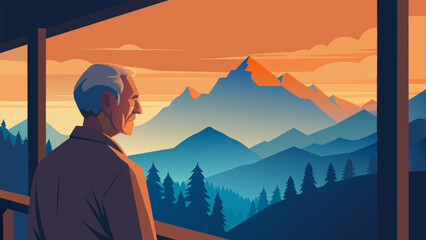 The wrinkled face of an elderly man is illuminated by the warm glow of the rising sun as he takes in the breathtaking view of jagged peaks and - obrazy, fototapety, plakaty