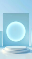 Beautiful round palstic empty podium with space for a product, ligth blue background