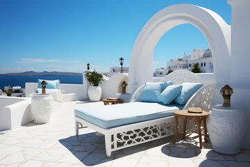 Blue sunbeds on hotel rooftop with sunny blue sky in background for sunbathing. With typical white architecture. Elegant decoration is perfect for holidays summer. Realistic clipart template pattern