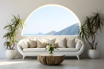 Comfortable living room interior modern with white sofa with big window. Panoramic window on tropics. Mockup copy space wall. Sunlight shines in front of window. Mountain view is background.	
