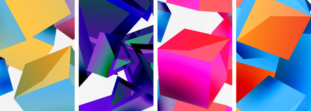 A creative arts piece featuring a collage of four different colored cubes Purple, Violet, Pink, and Magenta each shaped as a Triangle or Rectangle, set against a white background