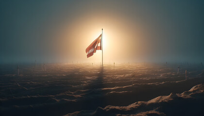 An empty battlefield at dawn, with a solitary national flag planted firmly in the center.