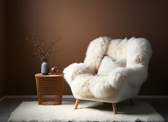 White fur chair cream in living room by window with sunlight streaming through it in morning. Modern home interior decoration. Home decoration accessories. Realistic clipart template pattern.	
