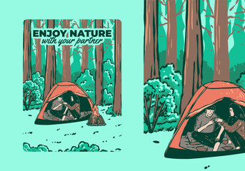 Camping in nature with partner. Vintage outdoor illustration