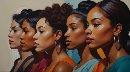 colorful art painting of 3 diverse poc women in a line from side profile view, abstract.generative.ai 