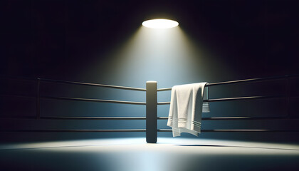 A towel flying through the air towards the center of a boxing ring, symbolizing surrender.