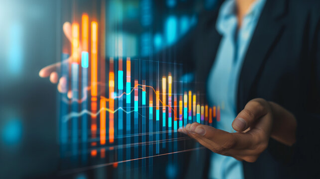 3d Statistik Datenauswertung am Chart mit Datenanalyse Auswertung von Daten und Fakten mit Stift und Finger drauf zeigen schwebend als Hologramm in der Hand Generative AI