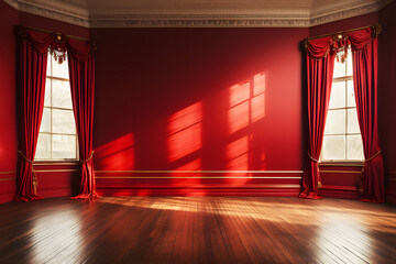 Minimal style interior empty room modern red with brown wood floor sheets with curtains hung on side. Sunlight shines through window and inside shadows. Background Abstract Texture.