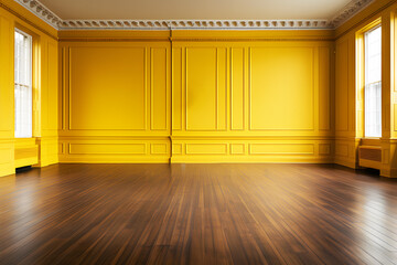 Minimal style interior room modern yellow, brown wood floor in sheets. Sunlight shines through window and inside shadows. Modern interior decoration. Background Abstract Texture.
