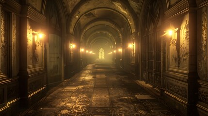 Mysterious and Suspenseful Dimly Lit Ancient Hallway with Echoing Footsteps,Cinematic Realism