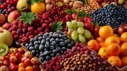 Naklejka na ściany i meble Assorted superfoods on a solid colored background. A variety of superfoods in small bowls, surrounded by fresh fruits, nuts, and vegetables, highlighting a healthy lifestyle